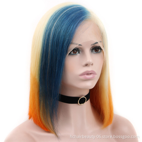 Blue/Orange/613 Blonde Lace Front Wig Ombre Straight Lace Front Wig Bob 13x4 Brazilian Short Human Hair Wigs Pre Plucked Remy